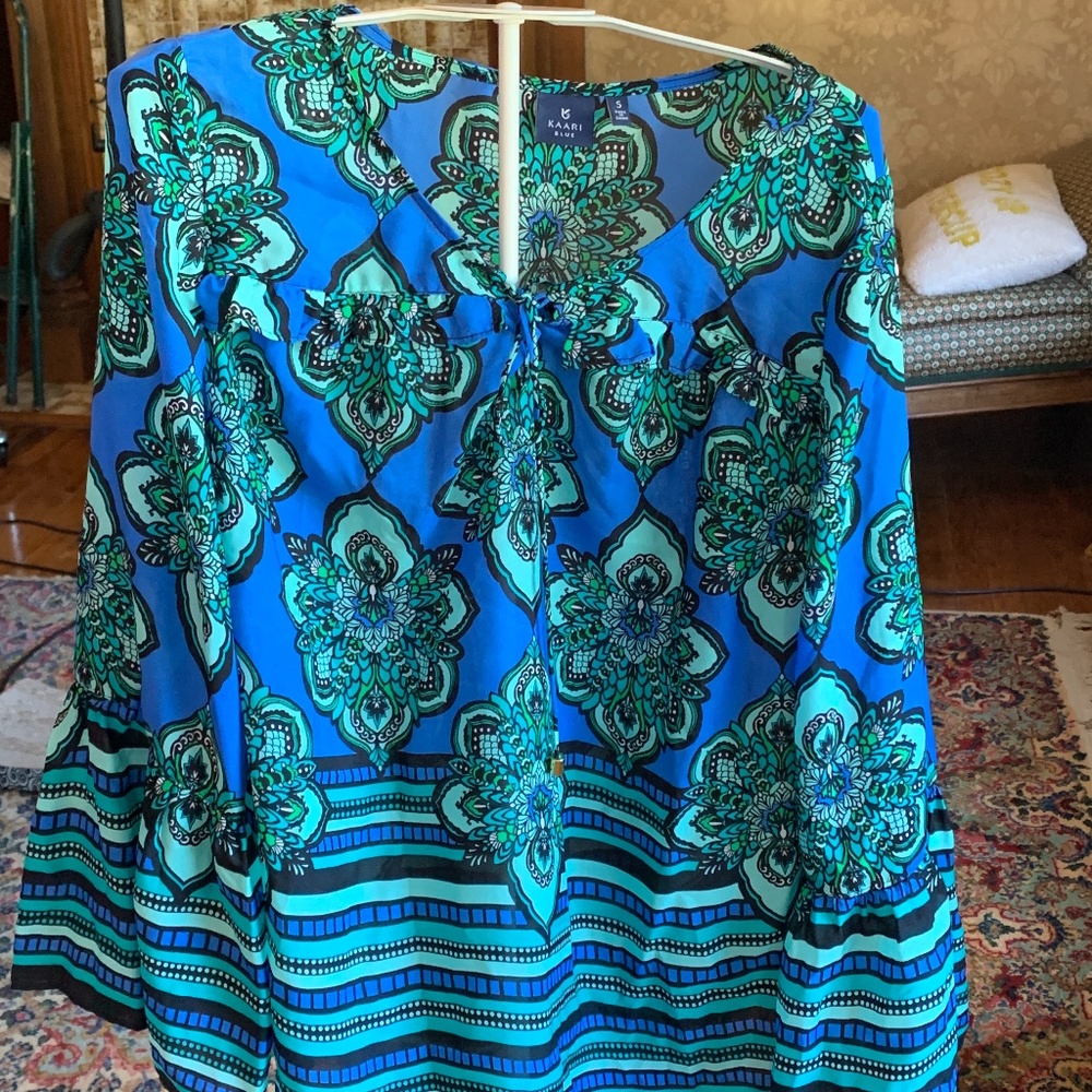 Kari blue poly peasant blouse. Never worn